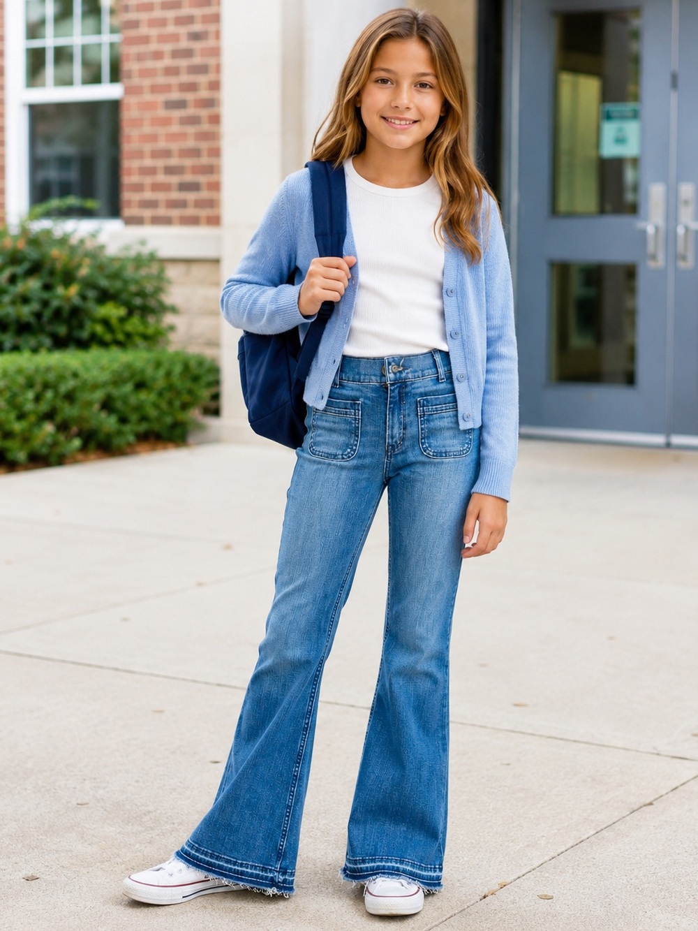 Y2K Low Rise Extreme Flare Bell Bottom Jeans Patch Pocket Raw Hem Girls 12